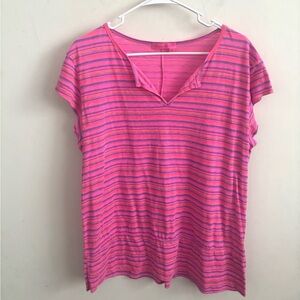 Fresh Produce Womens Stripped Henley XL Short Sleeve Hot Pink Casual Lightweight